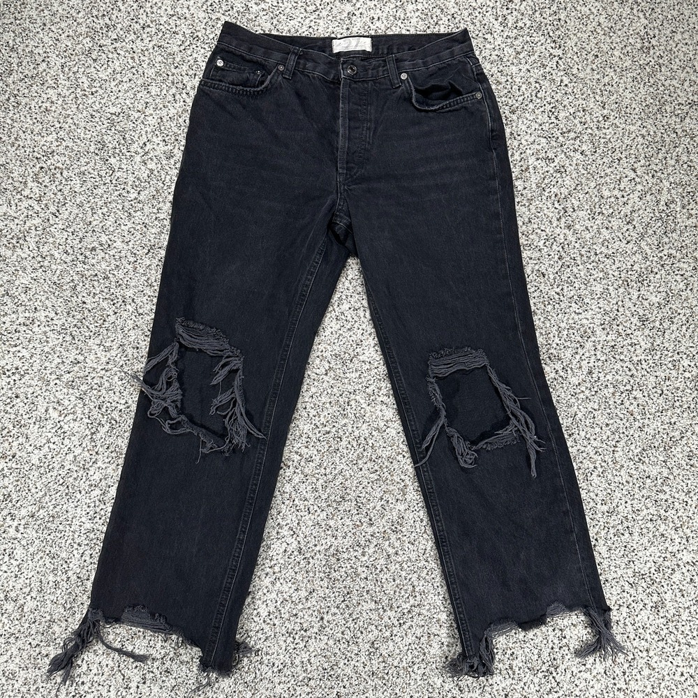 We the FREE PEOPLE 27 Maggie Black Distressed Jeans Raw Hem Button Fly Mid Rise